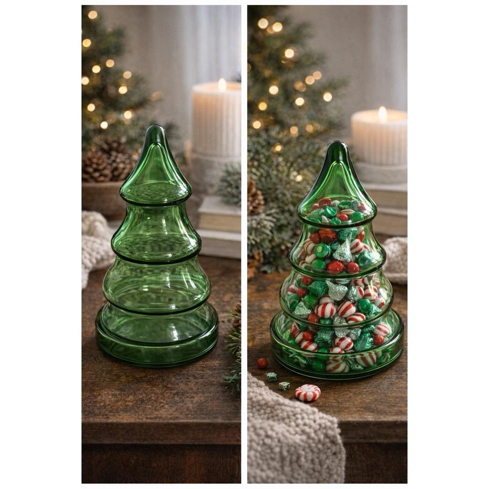 Green Glass Christmas Tree Shaped Candy Jar Container Vintage 7.5" Libbey Glass
